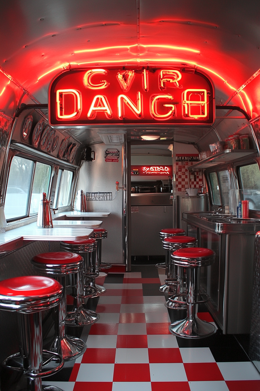 Retro-style camper dining space. Red neon diner sign over chrome bar-stools with a checkerboard floor.