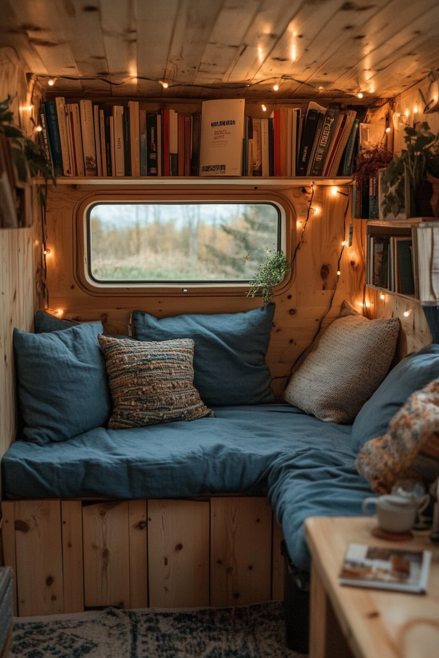 Eco-Friendly Van Reading Corner. Using LED fairy lights, recycled blue-gray cushions, wooden book storage.