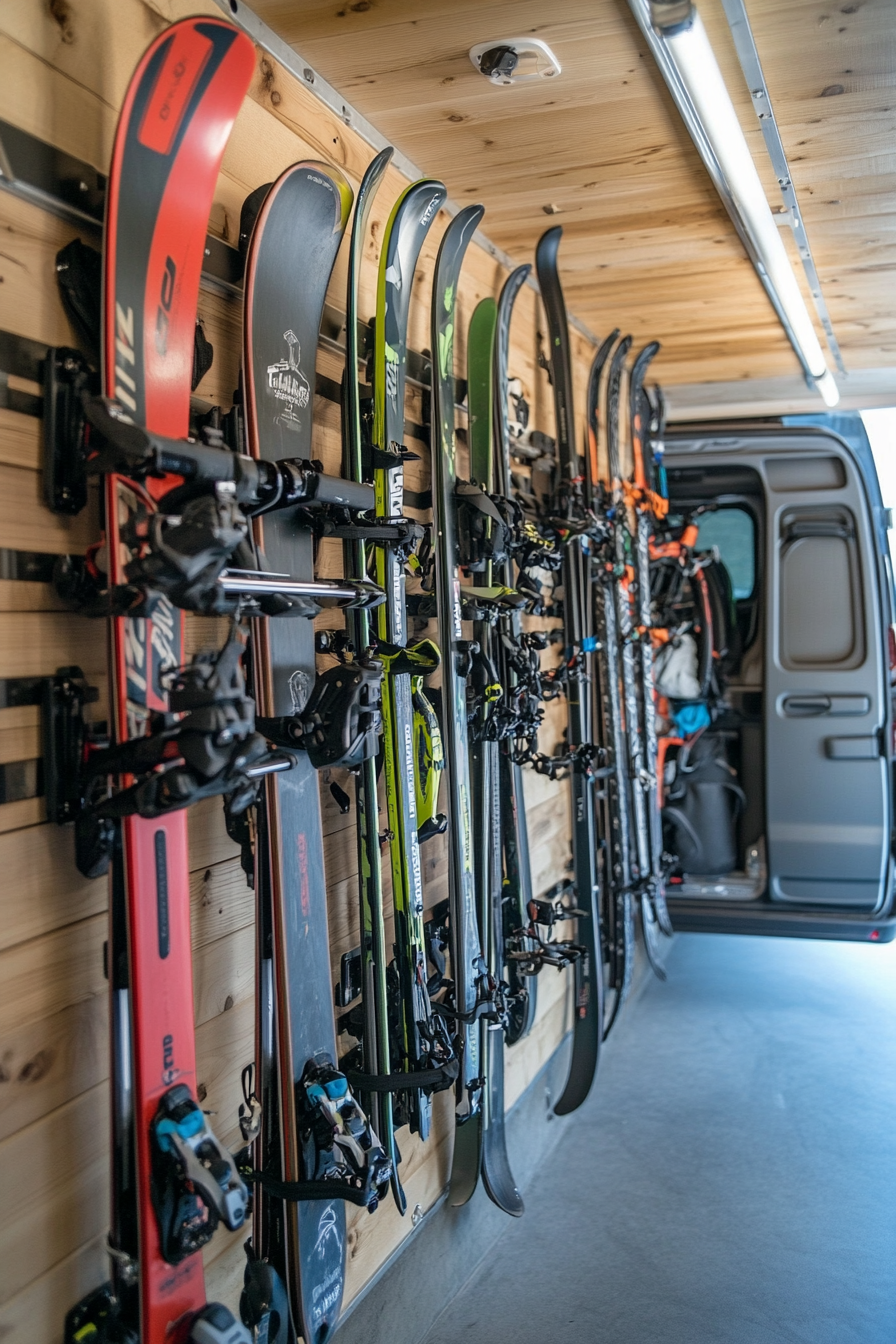 Adventure van storage space. Wall-mounted ski racks and retractable bike storage system.