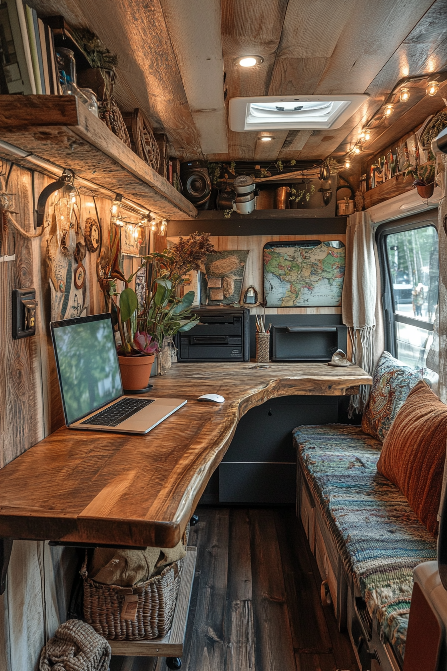 Sustainable Sprinter Van Office Space. Recycled wood desk beside hemp upholstered seat.