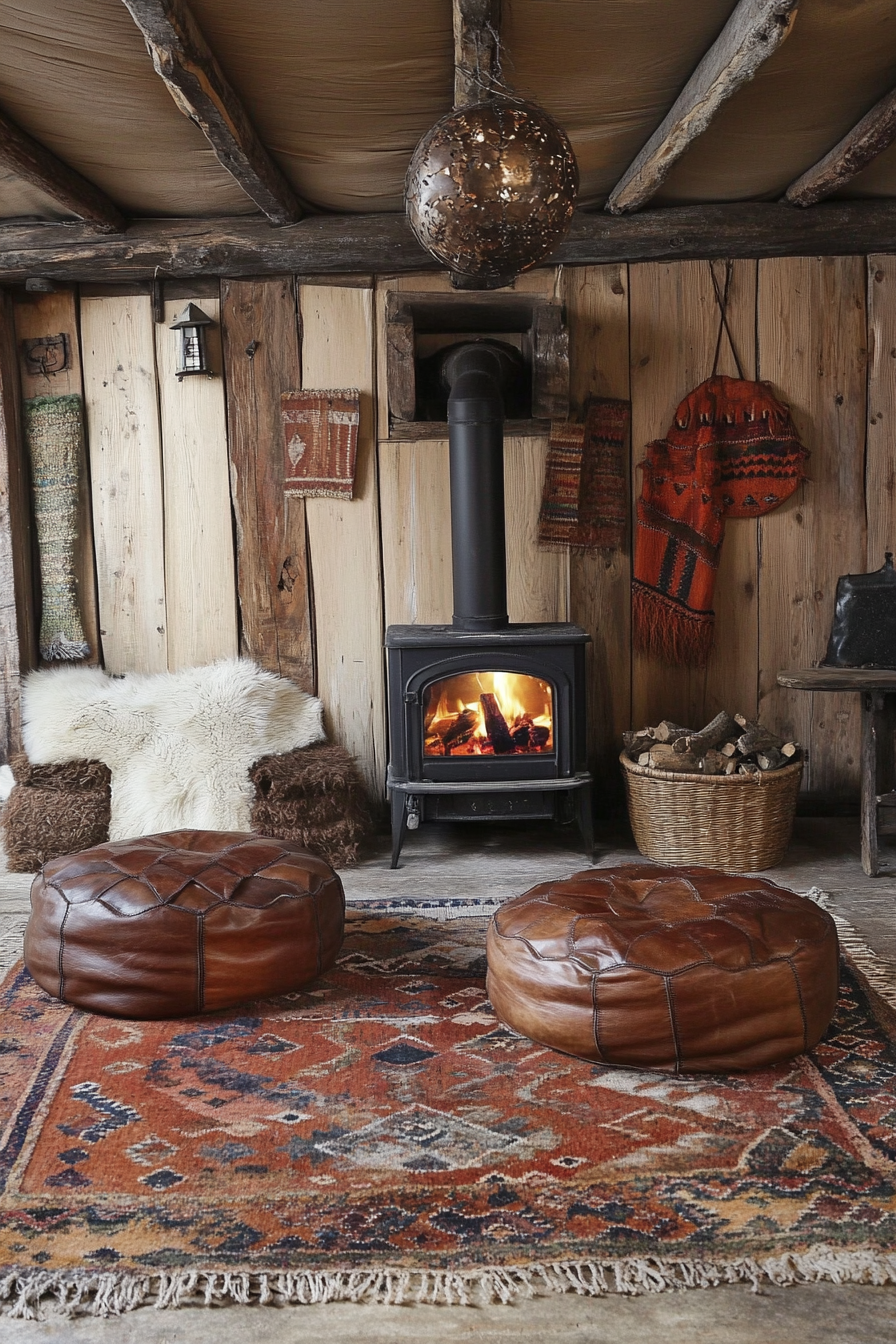 Rustic yurt living. Leather poufs, roaring wood stove, worn-in tribal rugs.