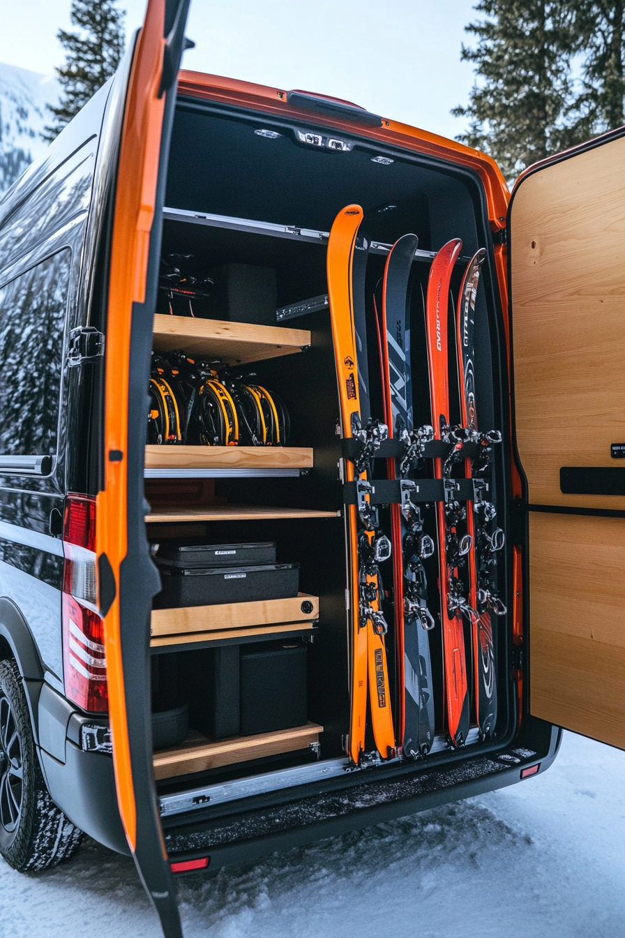 Adventure Van Storage Space. Adjustable ski racks with built-in bike mounts and pull-down drying station.