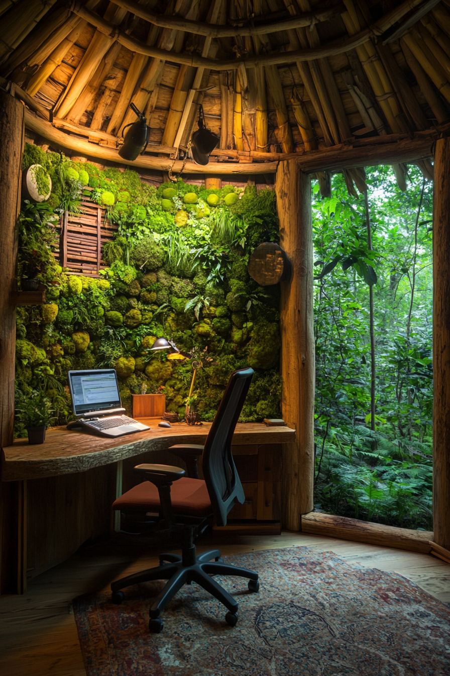 Biophilic Workspace. Yurt interior with moss-covered living wall and bamboo workspace gazing upon woods.