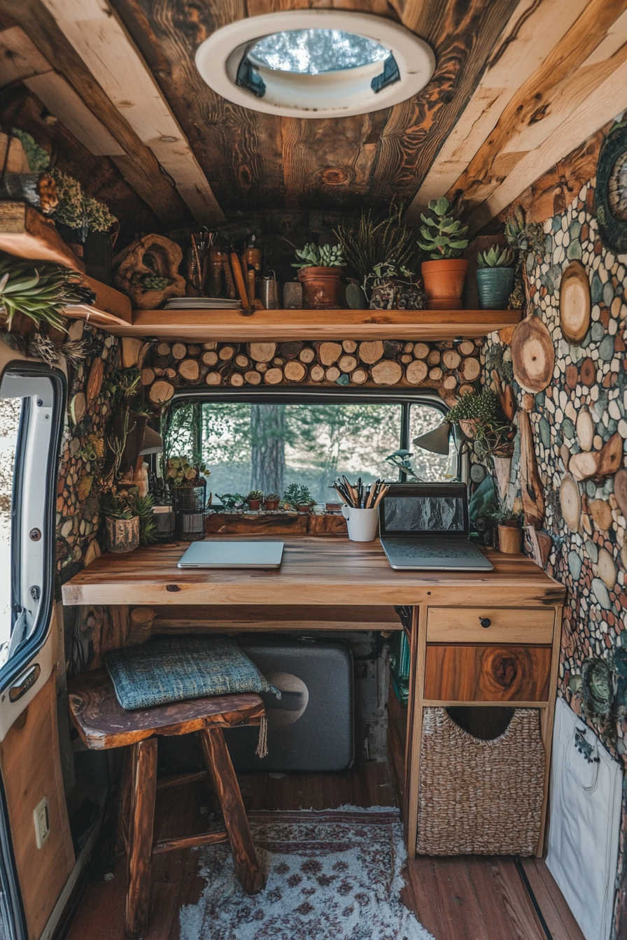 Van workspace. Teak wood desk with succulent adorned split log roof and lichen mosaic wall.