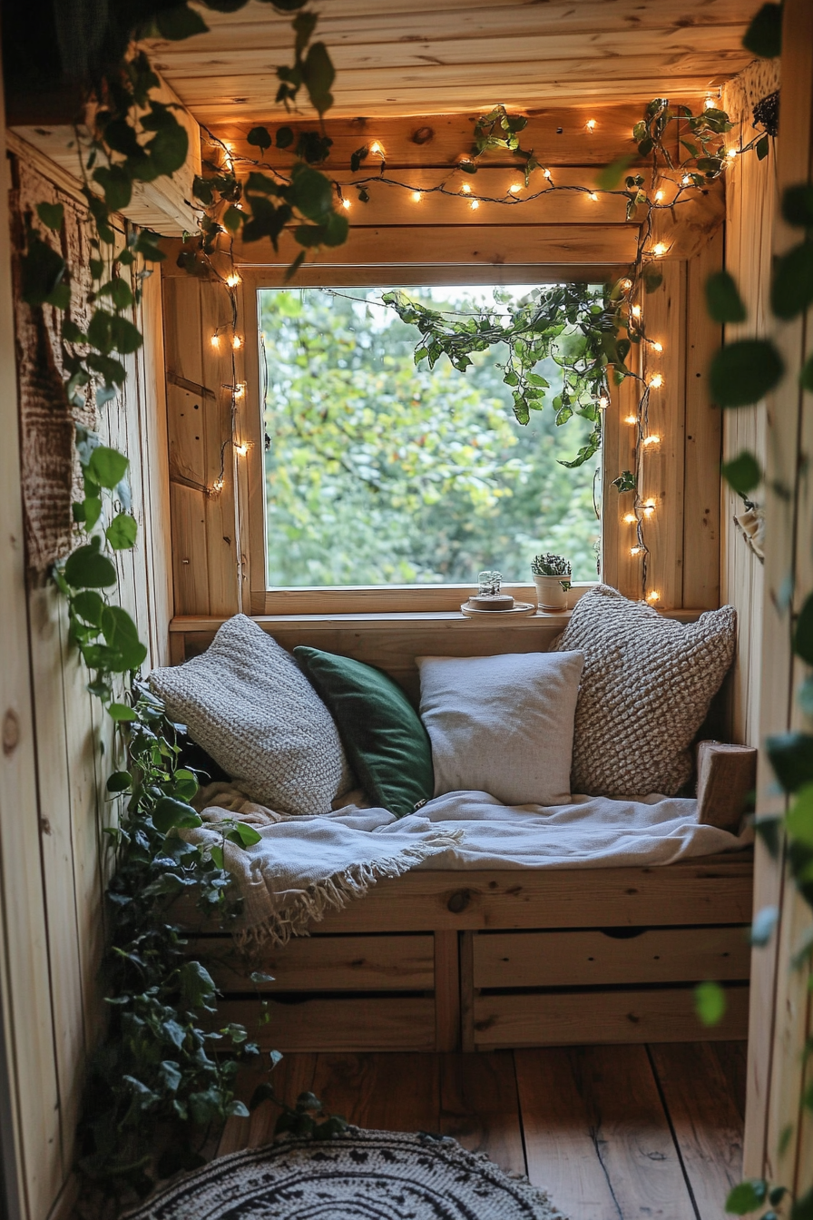 Eco-friendly van reading corner. Recycled oak wood nook, organic hemp pillows, climbing ivy, twinkling fairy lights.