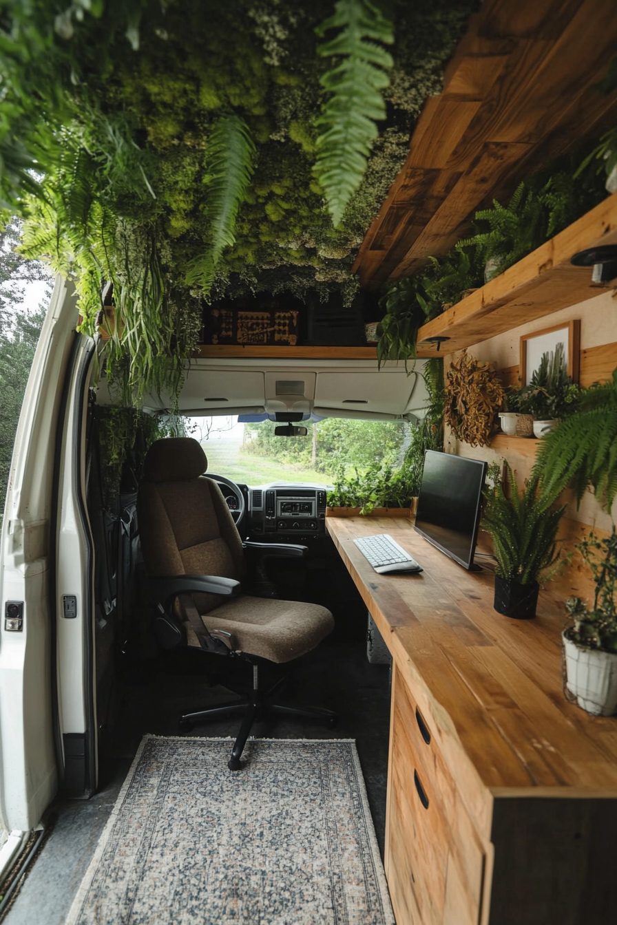 Biophilic van workspace. Fern-filled living roof, walnut desk, lichen-covered wall.