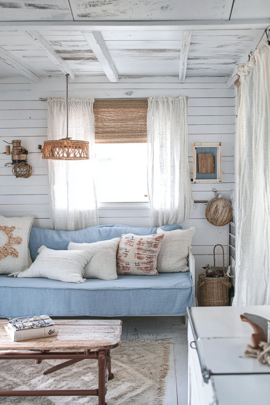 Camper living area. Whitewashed walls, rope-fringed curtains, soft blue sofa.