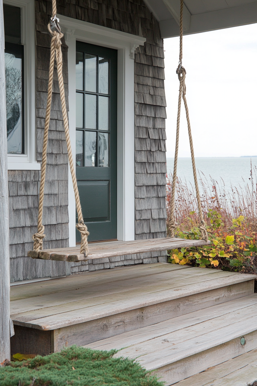 Tiny porch in coastal style with weathered wood and rope swings.