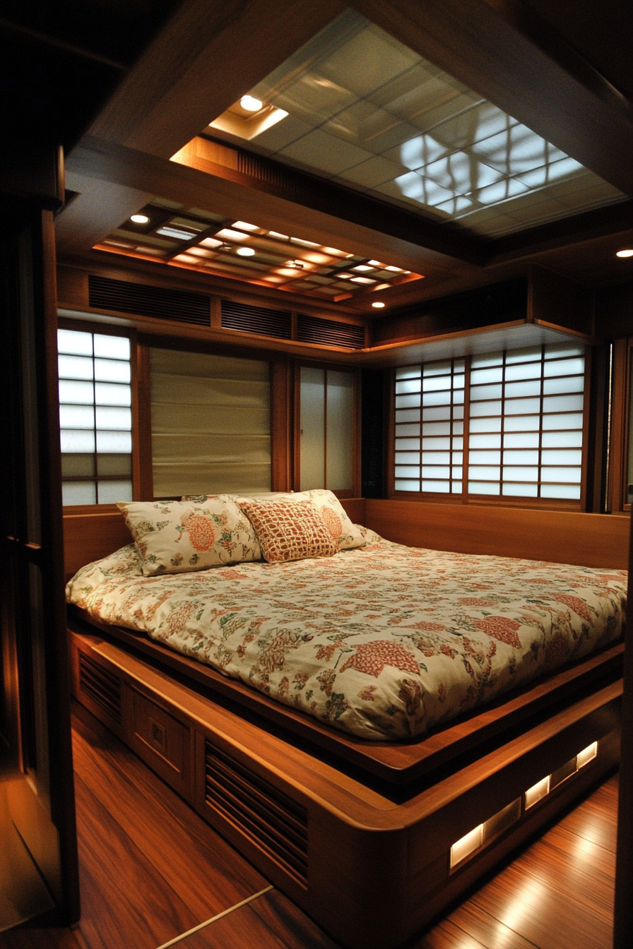 Zen-style RV bedroom. Hidden storage, cherrywood platform bed, floor-level rice paper screens.