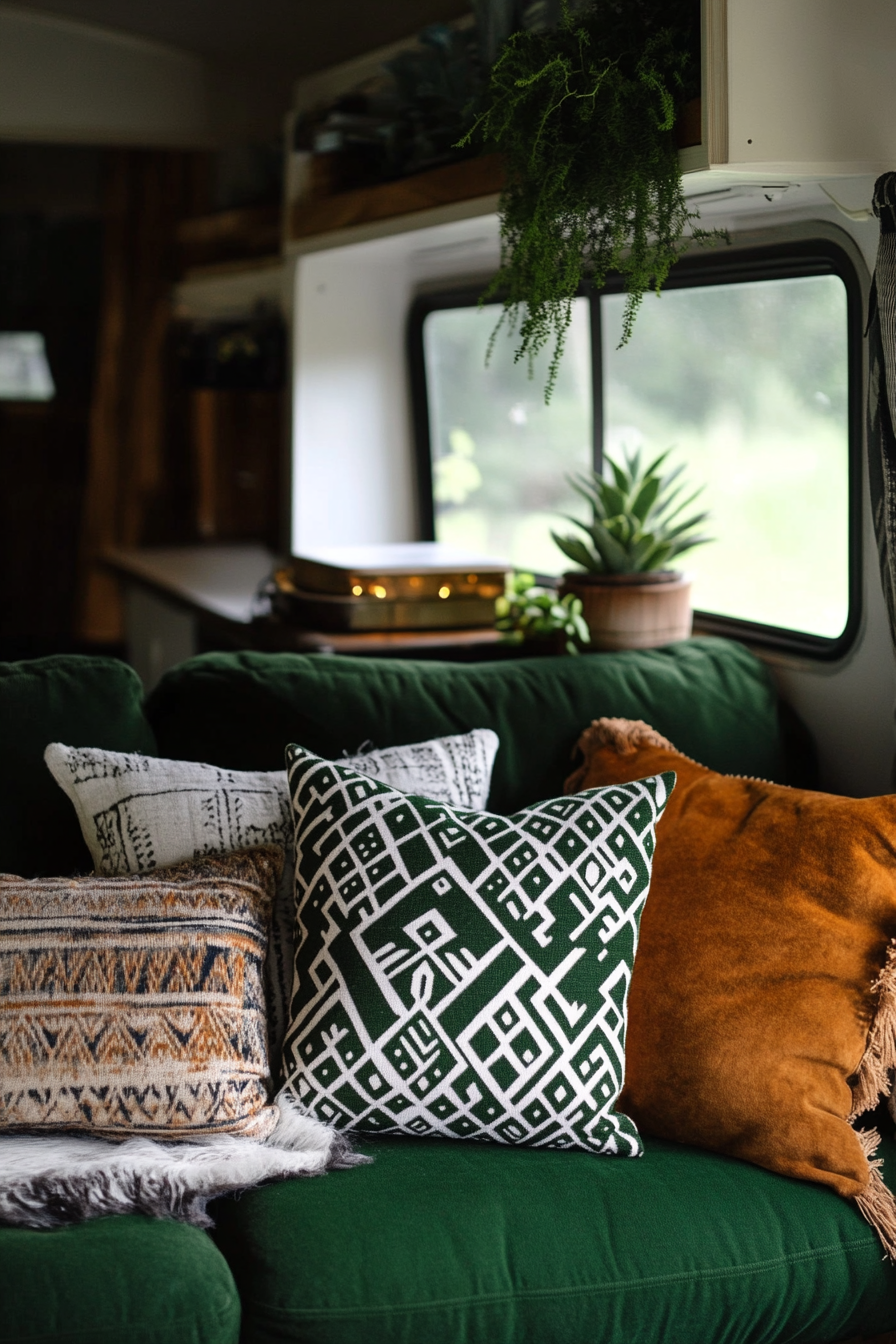 Scandi-Boho camper living room. Forest green cushion cover with white geometric pattern.