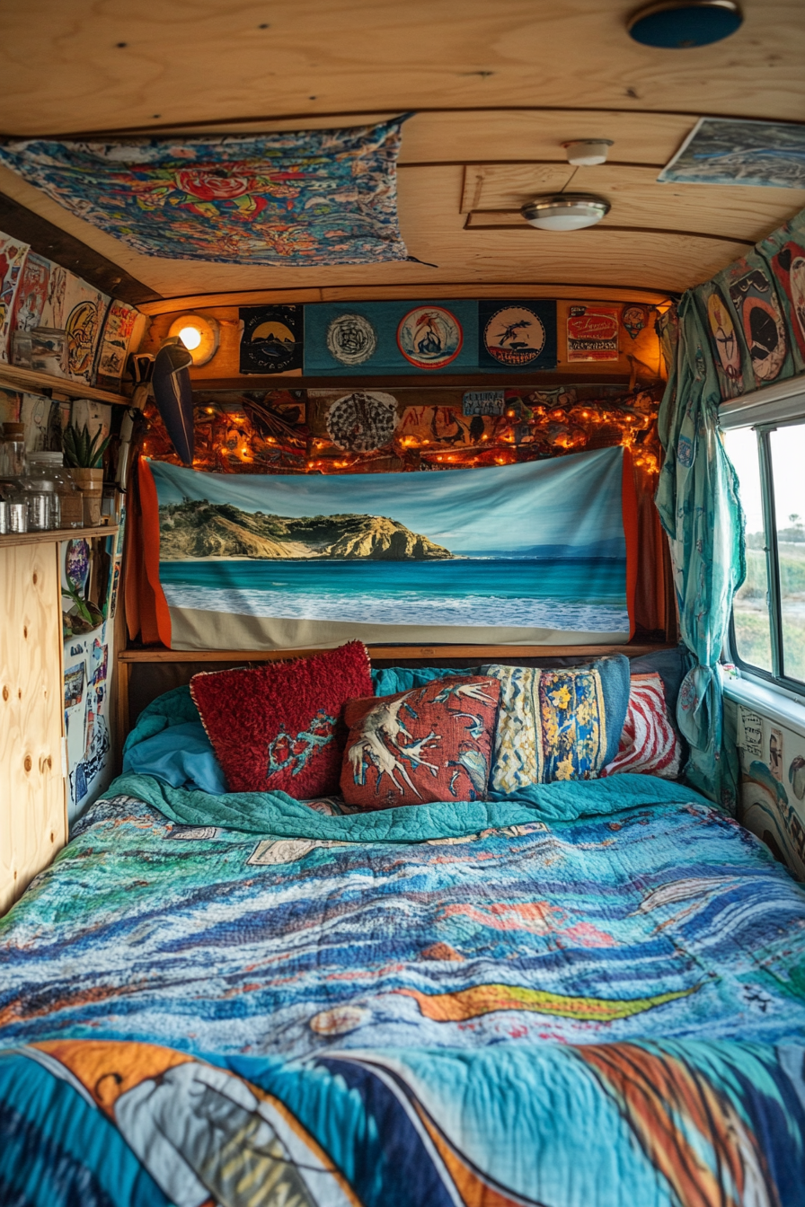 Surf van bedroom. A hammock bed, ocean-view tapestry, surf stickers.