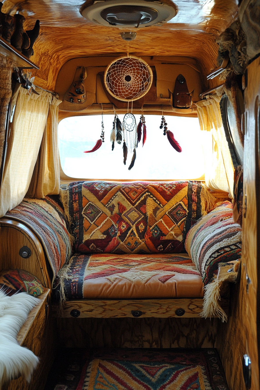 Van bedroom. Navajo-textile upholstery, leather-trimmed seat, dreamcatcher on rearview mirror.