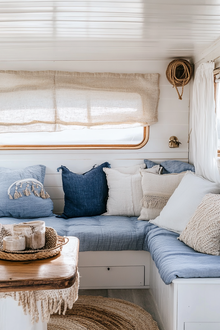 Camper living area. Whitewashed walls, rope accessories, blue nautical décor.