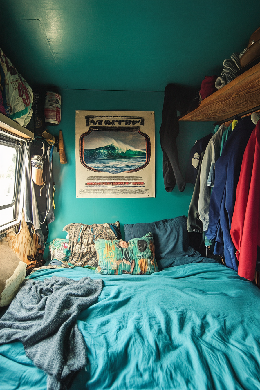 Surf-Style Van Bedroom. Teal bedding, vintage surfing poster, hanging wetsuits.