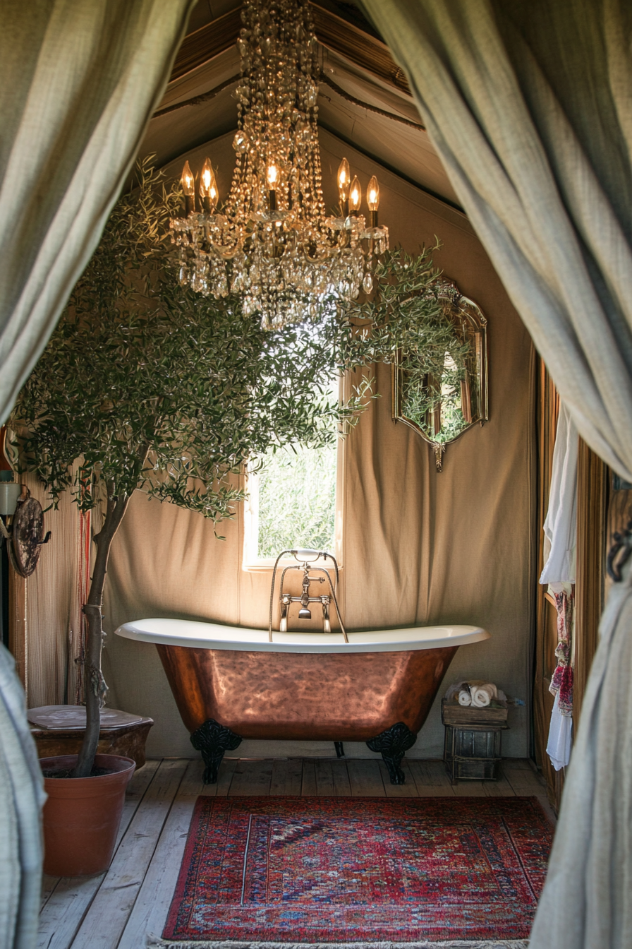 Glamping bathroom. Copper tub, crystal chandelier, potted olive tree.