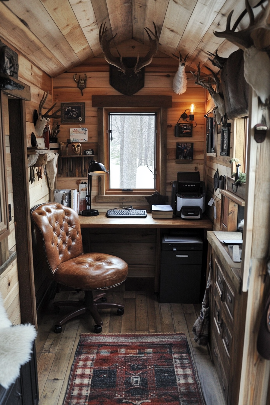 Alpine tiny house office. Pine desk, caramel brown leather chair, plaid cushions, antler hooks.