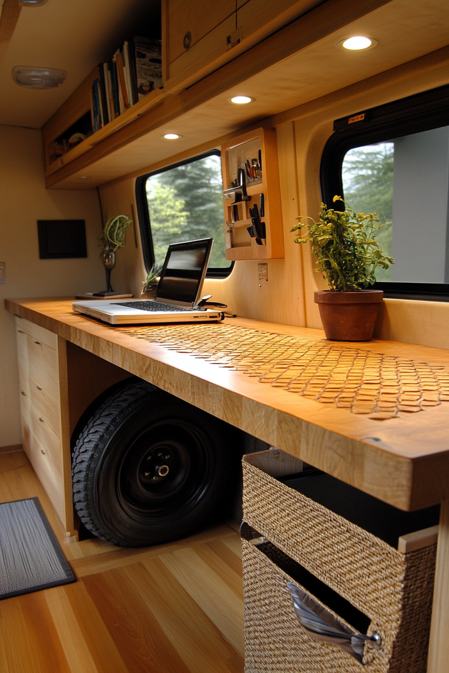 Sustainable sprinter van office. Tire tread motif on hemp desk skirting.