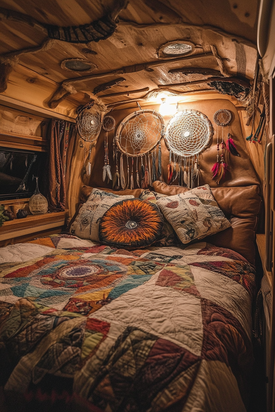 Van bedroom. Navajo-print quilts, taupe leather throw pillows, dangling tan dreamcatchers.