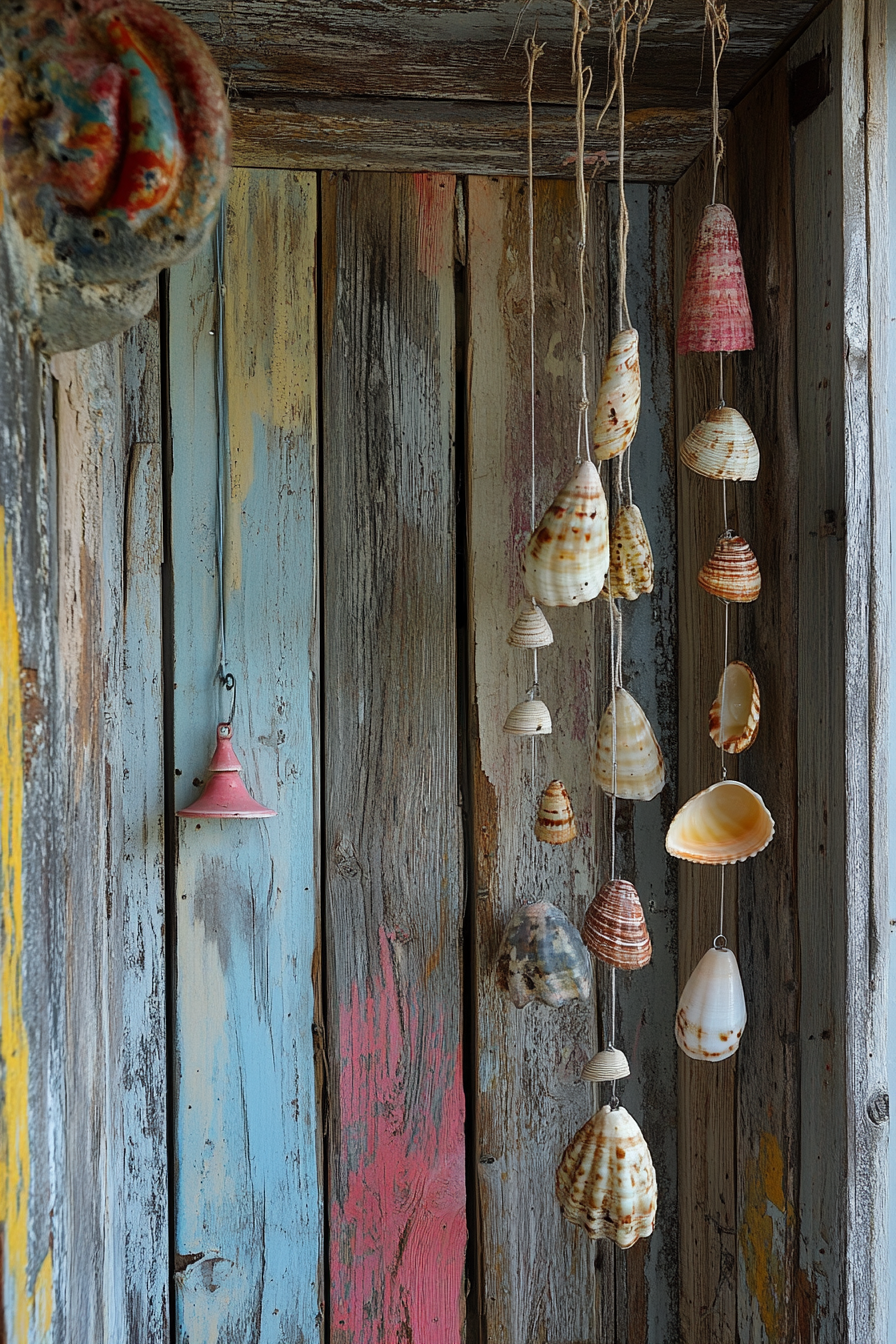 Tiny porch. Weathered wood panels with shell wind chimes.