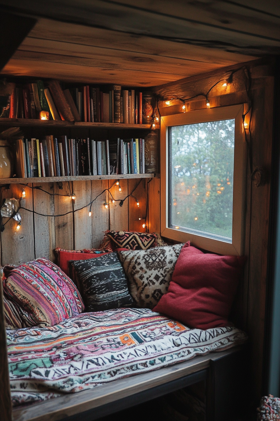 Van reading corner. Reclaimed wood bookshelf, recycled cushions, fairy lights decoration.