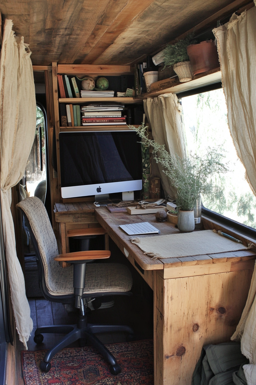 Sprinter van office space. Recycled pinewood desk with hemp curtains.