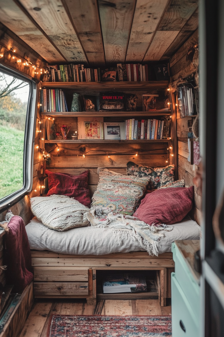 Eco-friendly van reading corner. Reclaimed wood shelving with upcycled fabric cushions and battery-operated fairy lights.