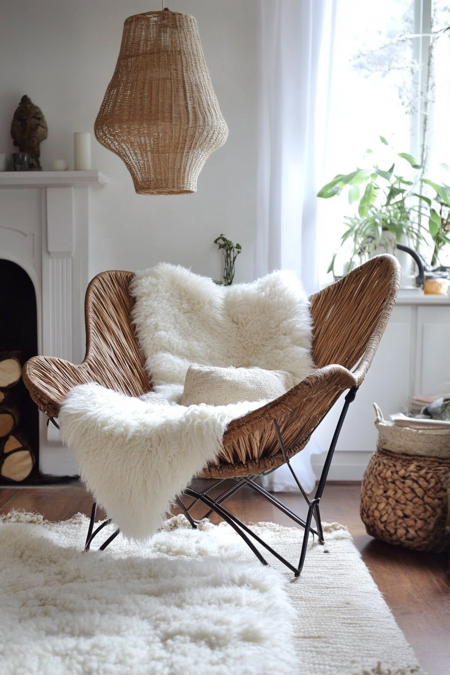 Camper living room. Sheepskin throws on a seagrass pendant chair