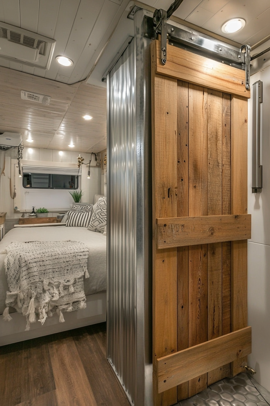 Modern farmhouse RV bathroom. Wooden barn door alongside a galvanized corrugated metal shower.