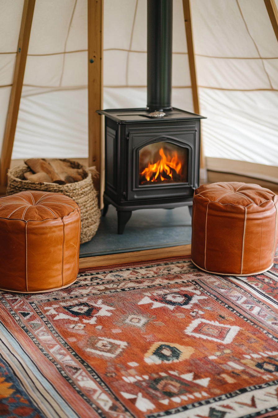 Yurt living space. Cherry-wood stove, Aztec print rug, and ochre leather poufs.