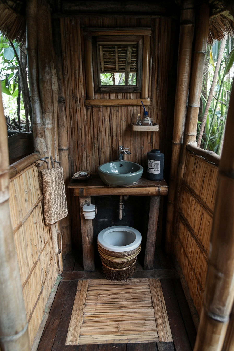 Tiny sustainable bathroom. Composting toilet, grey water sink, bamboo floor tiles.