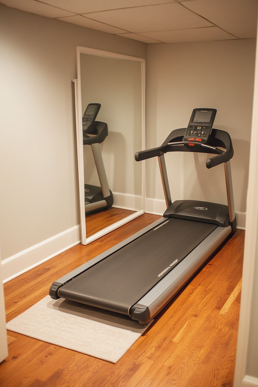 Exercise room. Foldable treadmill, resistance bands, large minimalist mirror.