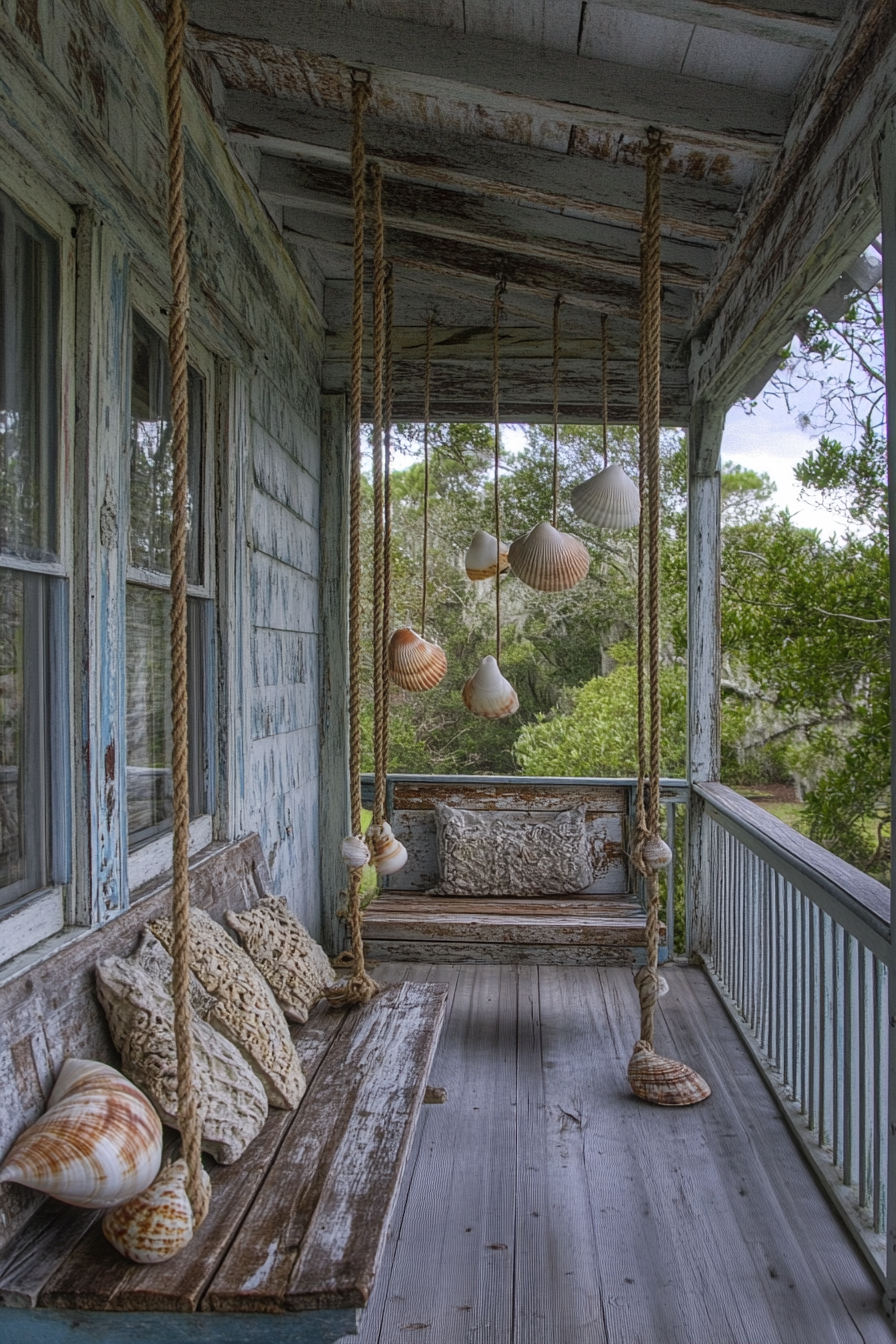 Tiny porch. Weathered wood deck with rope swings and shell wind chimes.