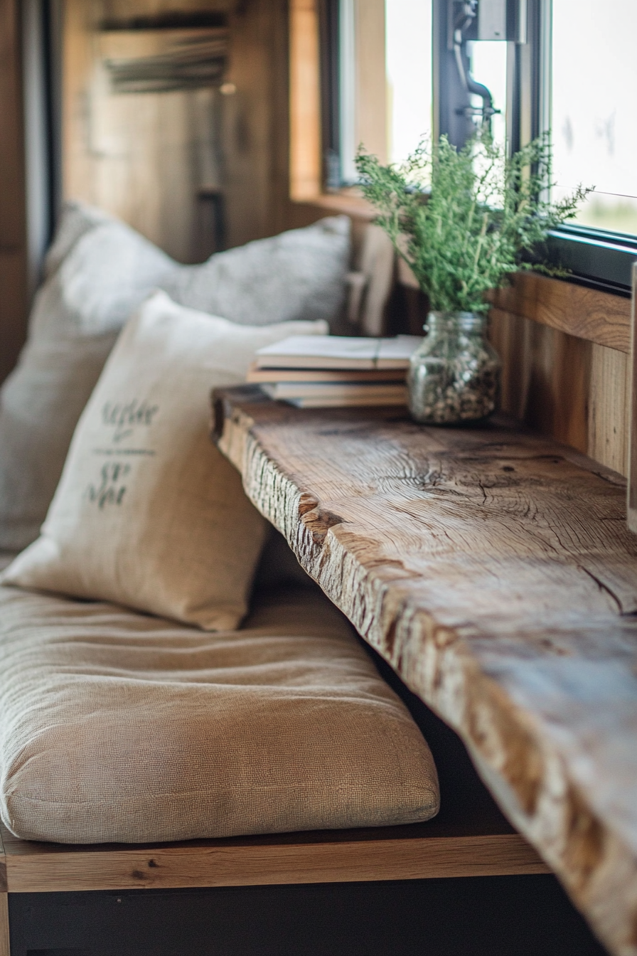 Sprinter van office space. Recycled wood desk with hemp seat cushion.