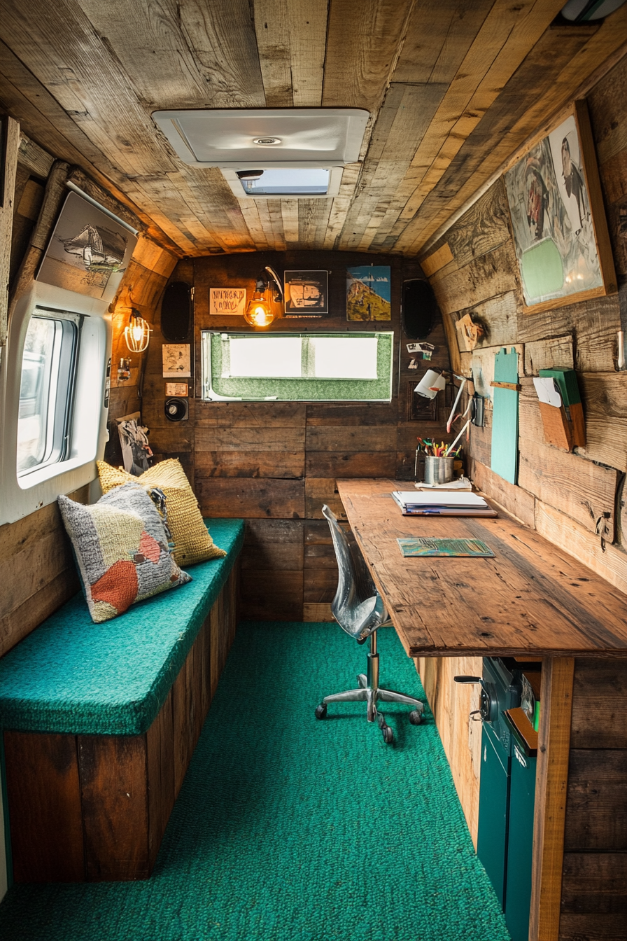 Sprinter van office space. Recycled wood desk against teal hemp carpeting.