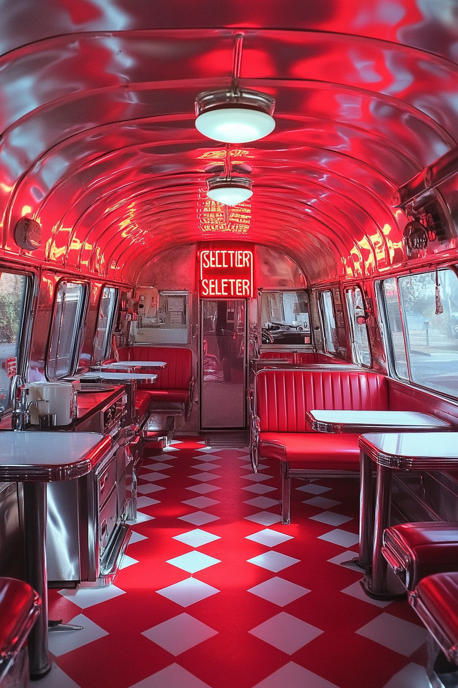 Retro-Style Camper Dining Space. Red and white checkerboard floor, chrome-edged tables, Fallout-SHELTER neon sign.