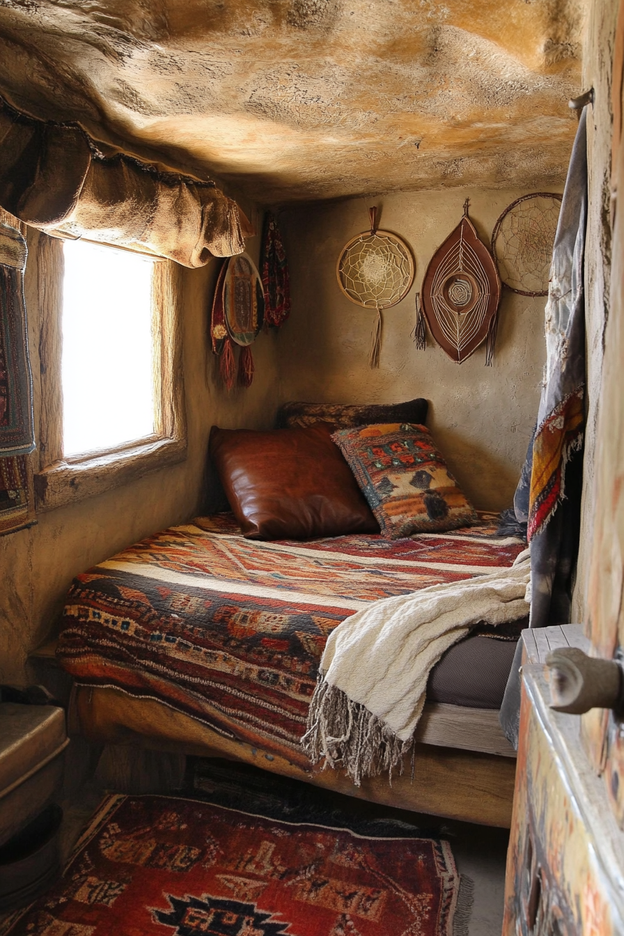 Van bedroom. Navajo textiles, leather and dreamcatchers, desert mufti abode.