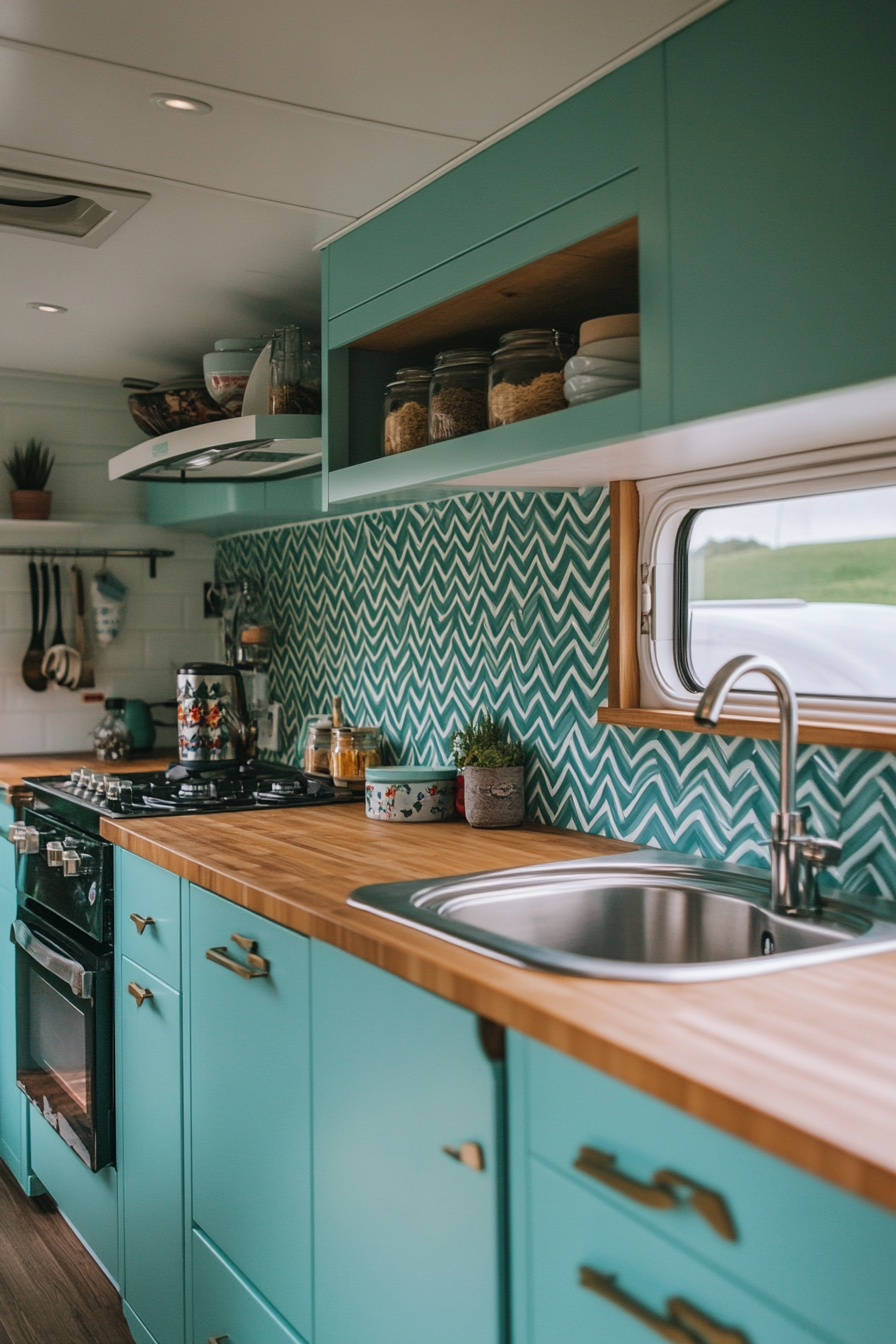 Retro Surf Van Kitchen. Aqua cabinets, wood countertops, wave patterned backsplash tiles.