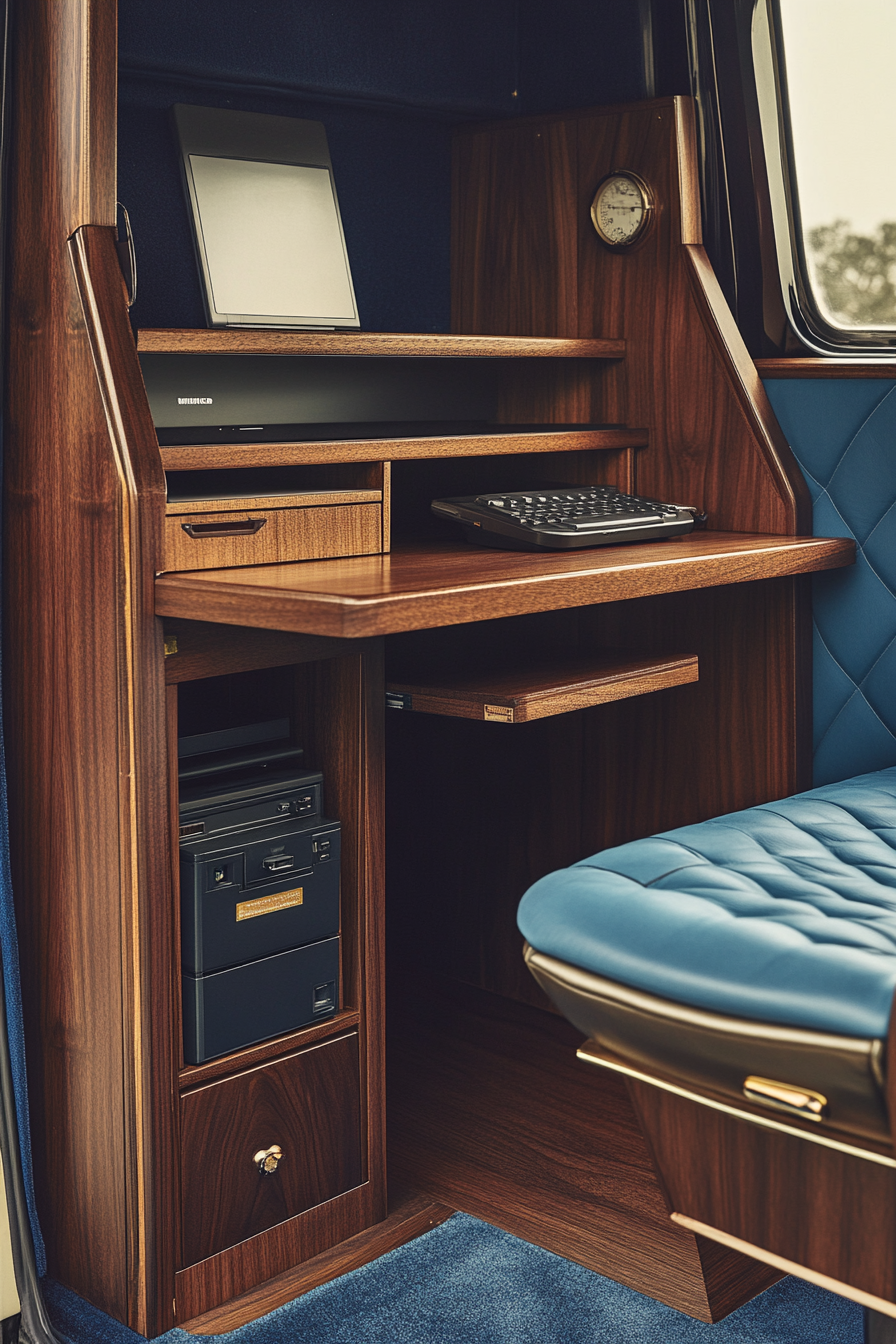 Convertible van office. Sea-blue upholstery, rosewood murphy desk, concealed monochrome printer, swivel oak seat.