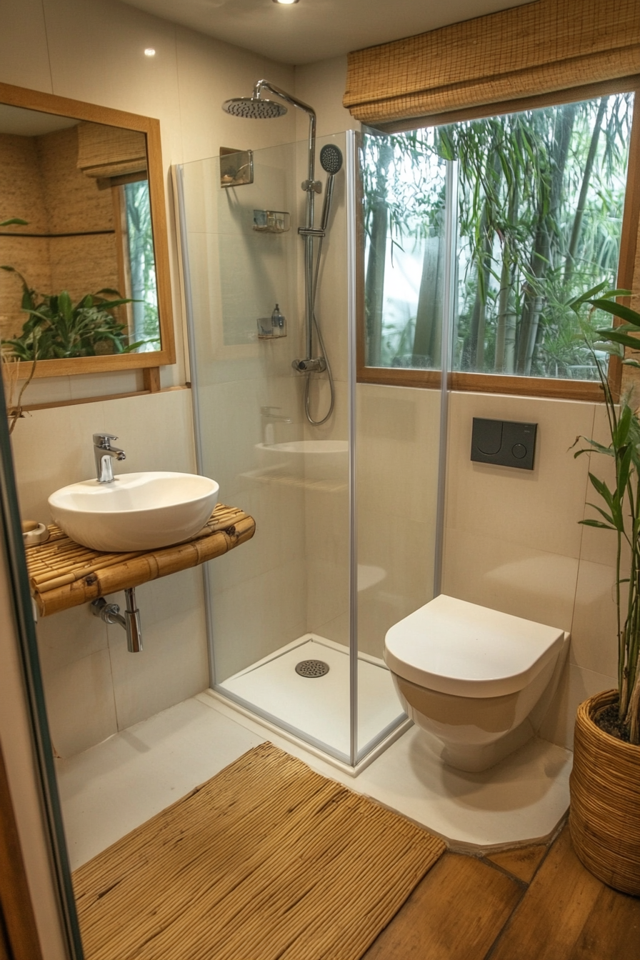 Tiny bathroom. Corner mount sink, glass shower, composting toilet, bamboo floors, grey water system.