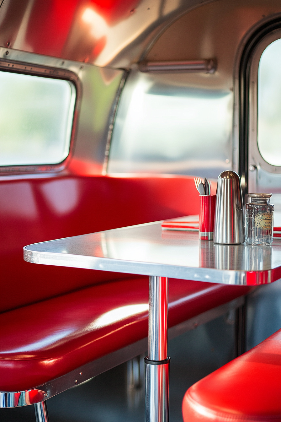 Vintage Airstream Dining Nook. Chrome finished counter, red vinyl seating, formica table.