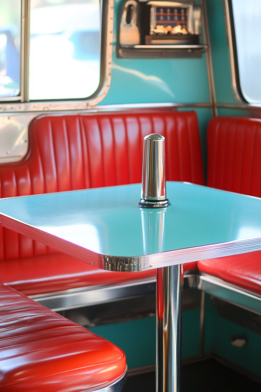 Vintage Airstream Dining Nook. Chrome finishes, red vinyl booth, turquoise formica table.