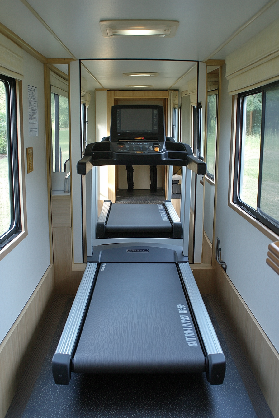 Exercise room in minimalist camper. Foldable treadmill against large wall mirrors.