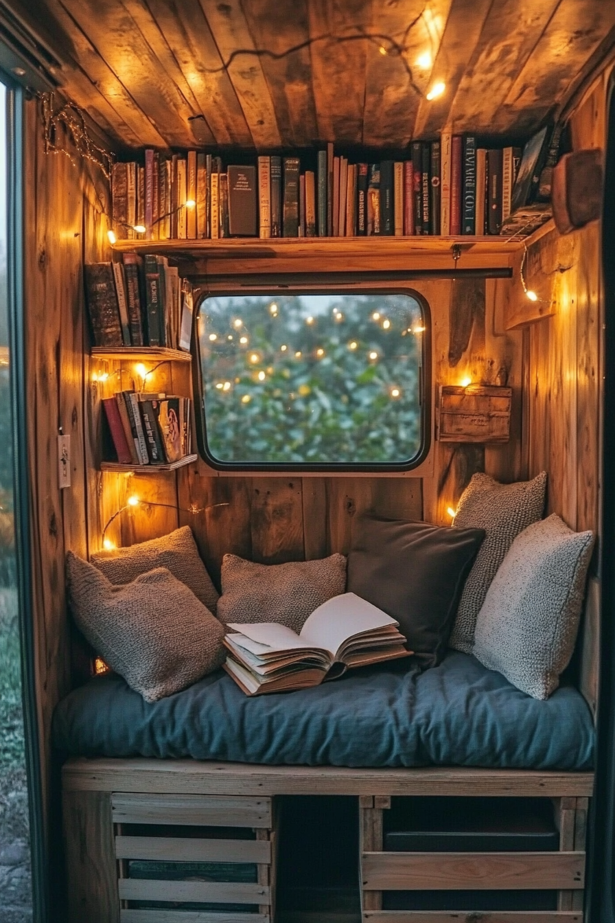 Eco-van reading corner. Hemp fabric cushions, scattered fairy-lights, repurposed wooden crates for book storage.