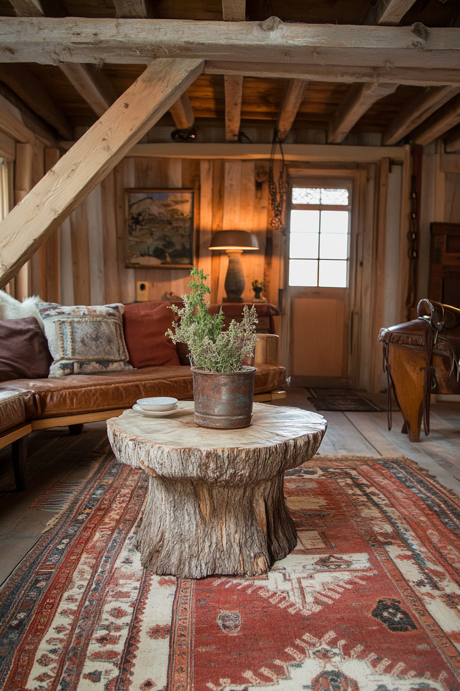 Rustic Yurt living space. Tree stump coffee table, vintage saddle, intricate kilim rug.