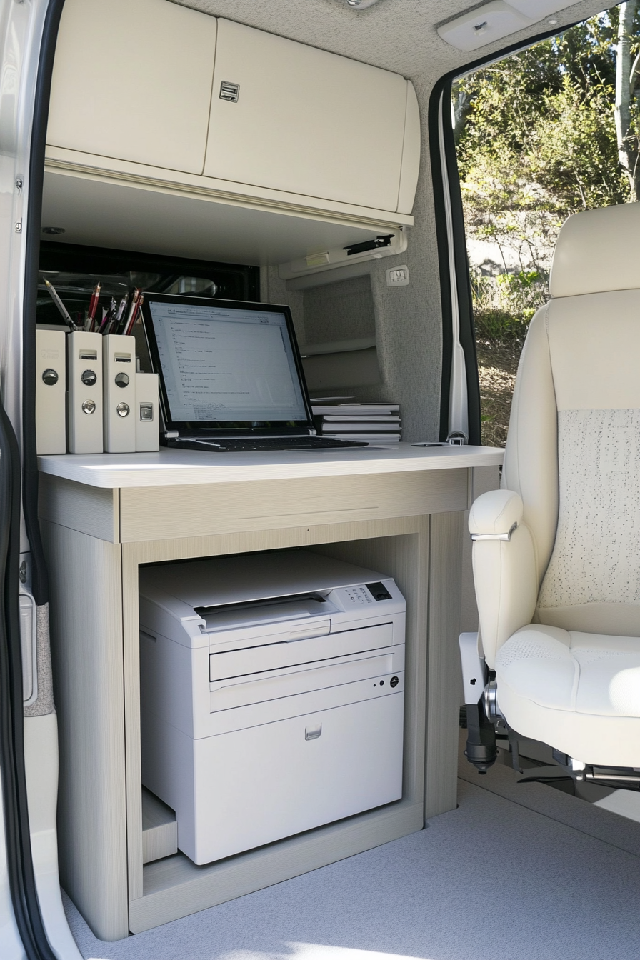 Convertible van office suite. Tambour door repository with compact laserjet printer.