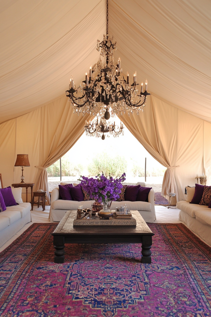 Luxury glamping tent suite. Ivory canvas walls, claret Persian rugs, amethyst crystal chandelier.