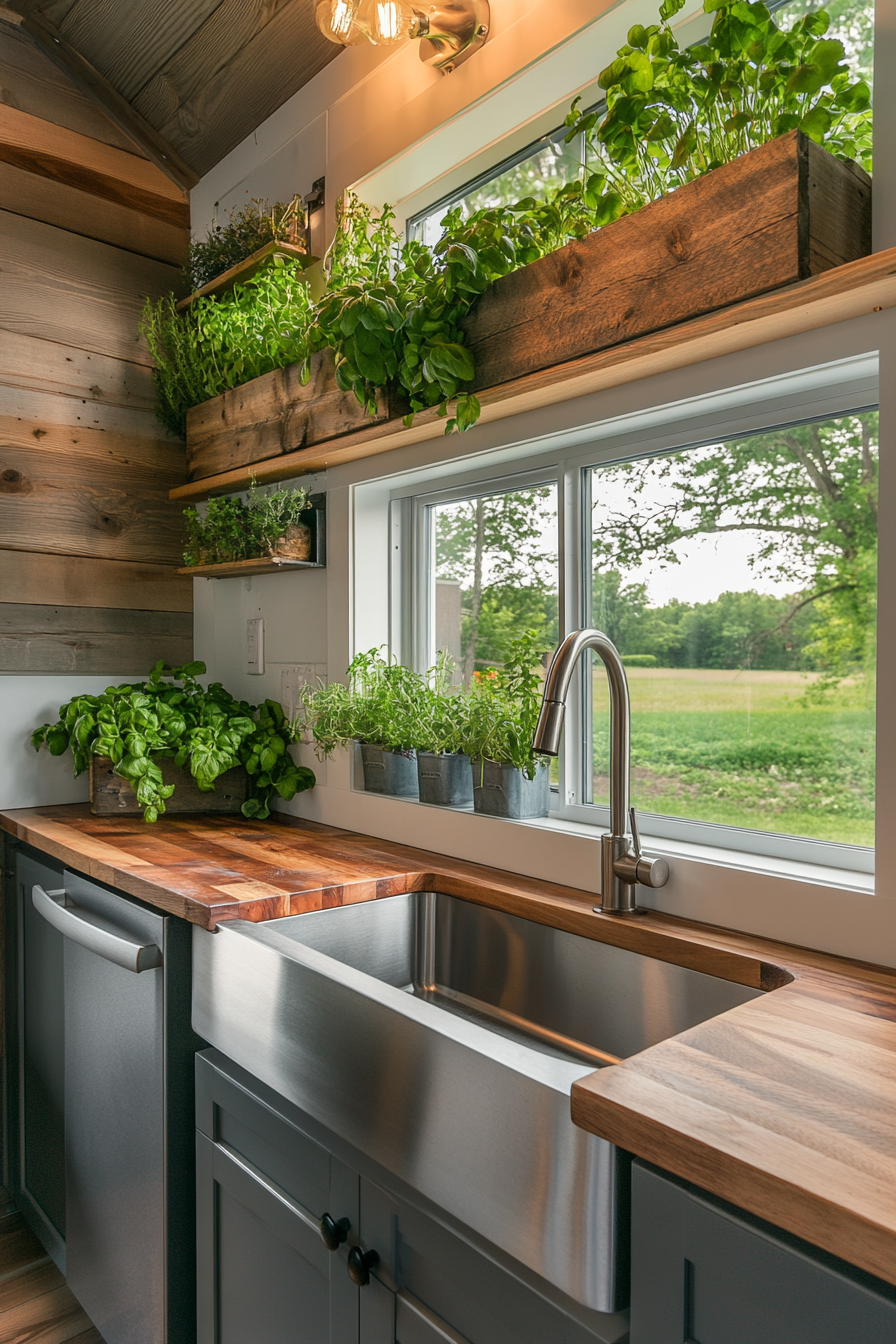 Modern farmhouse tiny kitchen. Stainless steel apron sink, quirky butcher block countertop, window box outfitted with fresh herbs.