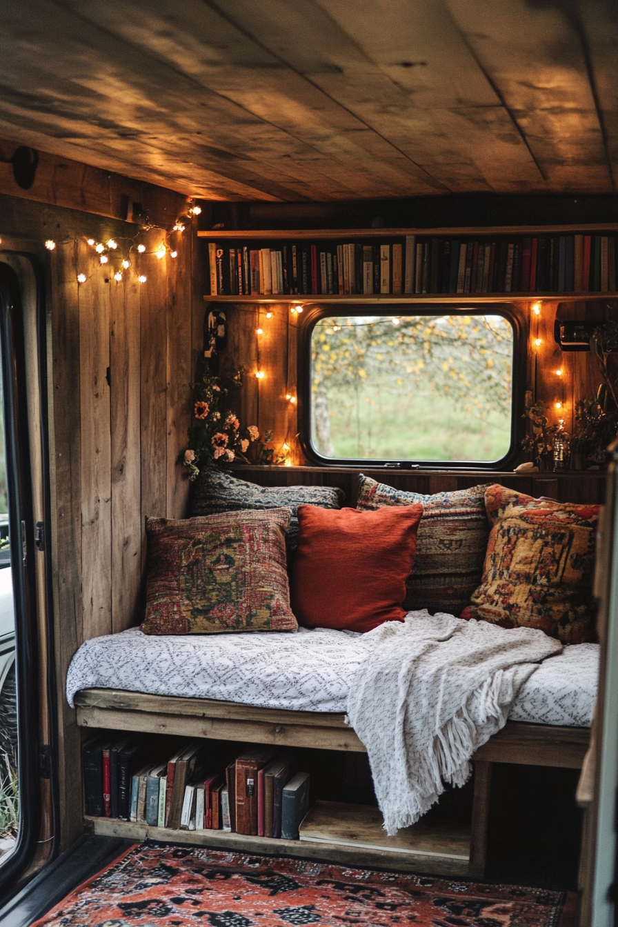 Eco-friendly van reading corner. Reclaimed wood bookshelf, solar-powered fairy lights, sustainable filling cushions.