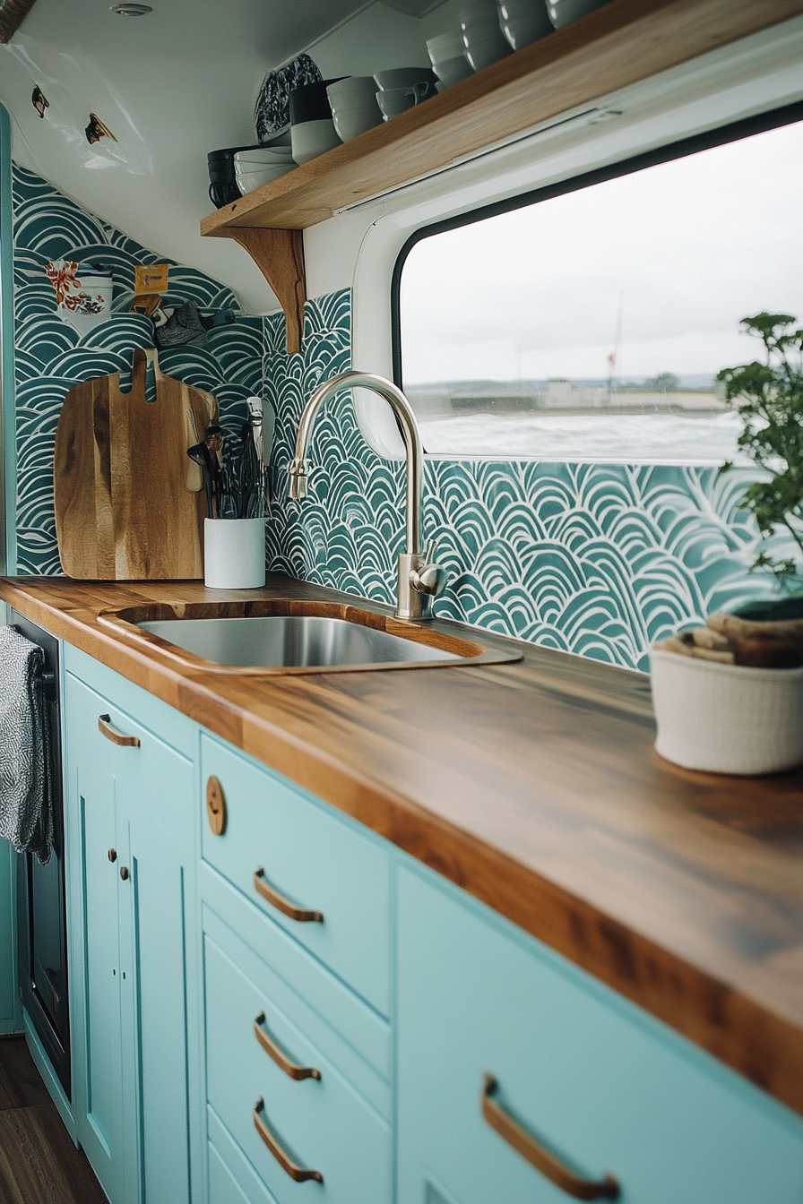 Retro Surf Van Kitchen. Aqua cabinets, wooden countertops, wave-patterned tile backsplash.