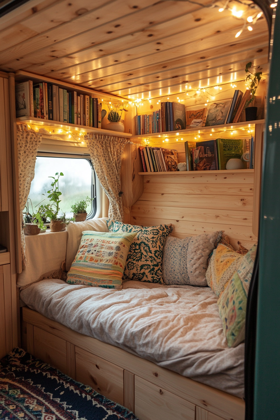 Eco-friendly reading corner. Van interior with fairy lights, recycled cushions, and integrated book storage.